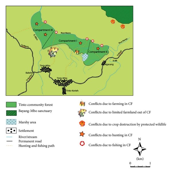 Map of Tinto Community Forest showing spatial distribution of conflict areas, adapted from the Participatory map of the Tinto Community Forest.