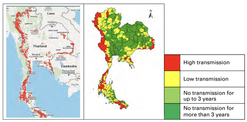 Areas with ongoing malaria transmission and malaria endemicity categorizations in Thailand