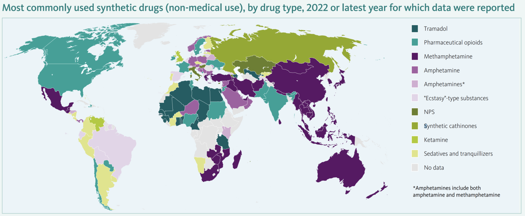 Map of the most commonly used synthetic drugs in the world.